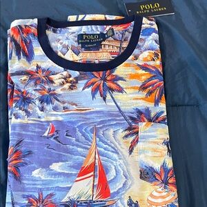 Ralph Lauren Blue Multi Tropical Tee with front pocket.  Size XL.  New with tags
